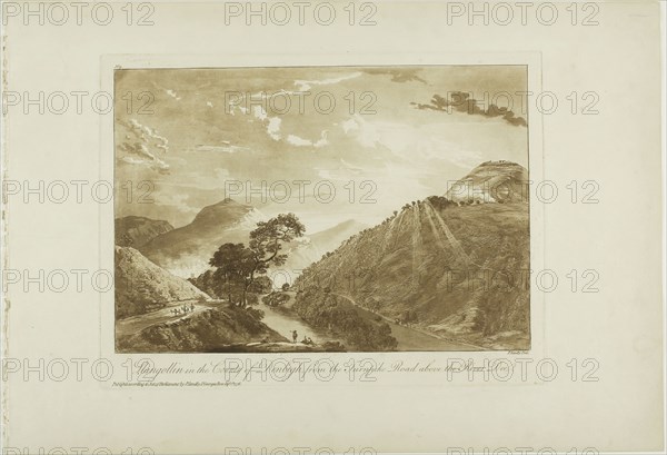 Llangollin in the County of Denbigh, from the Turnpike Road Above the River Dee, 1776, Paul Sandby, English, 1731-1809, England, Etching and aquatint in sanguine on ivory laid paper, 239 × 315 mm (plate), 320 × 463 mm (sheet)