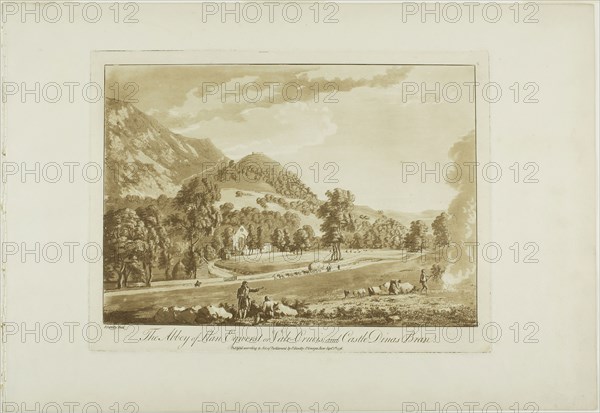 The Abbey of Llan Egnerst or Vale Crucis, and Castle Dinas Bran, 1776, Paul Sandby, English, 1731-1809, England, Etching and aquatint in sanguine on ivory laid paper, 239 × 315 mm (plate), 320 × 463 mm (sheet)