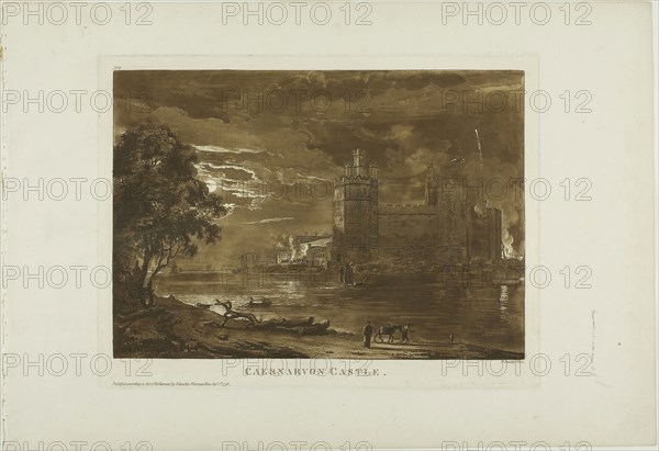 Caernarvon Castle, 1776, Paul Sandby, English, 1731-1809, England, Etching and aquatint in sanguine on ivory laid paper, 239 × 315 mm (plate), 320 × 463 mm (sheet)