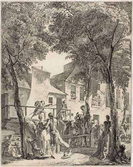 The Parade on the Boulevard, 1760, Antoine-Jean Duclos (French, 1742-1795), after Gabriel Jacques de Saint-Aubin (French, 1724-1780), France, Etching, with additions in pen and black ink on cream laid paper, laid down on cream laid paper, 329 × 263 mm