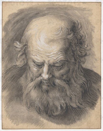 Study of the Head of a Bearded Man, 1595/1605, Abraham Bloemaert, Dutch, 1566-1651, Holland, Black chalk, with brush and black chalk wash, heightened with opaque white watercolor, over touches of charcoal, on tan laid paper, 372 x 290 mm