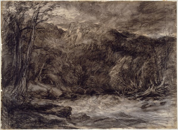 A Mountain Torrent, c. 1850, David Cox the elder, English, 1783-1859, England, Black and white chalk, and charcoal on cream wove paper, 531 × 733 mm