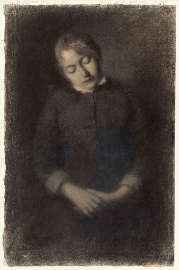 Portrait of the Artist’s Wife Asleep (Marie Guilloux), c. 1880, Albert-Charles Lebourg, French, 1849-1928, France, Black chalk and charcoal, with stumping, on buff laid paper, laid down on cream Japanese paper, 490 × 321 mm