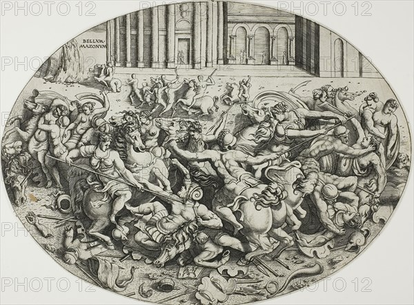 The Battle of the Amazons, 1543, Enea Vico, Italian, 1523-1567, Italy, Engraving in black on ivory laid paper, 209 x 280 mm