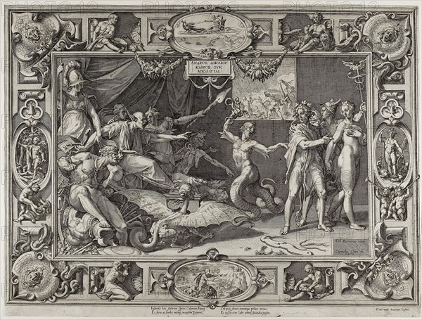 The Calumny of Apelles, 1572, Cornelis Cort (Netherlandish, 1533/36-1578), after Federico Zuccaro (Italian, c. 1542-1609), Holland, Engraving in black on ivory laid paper, 408 x 556 mm (image), 420 x 557 mm (plate/sheet, trimmed slightly within platemark)