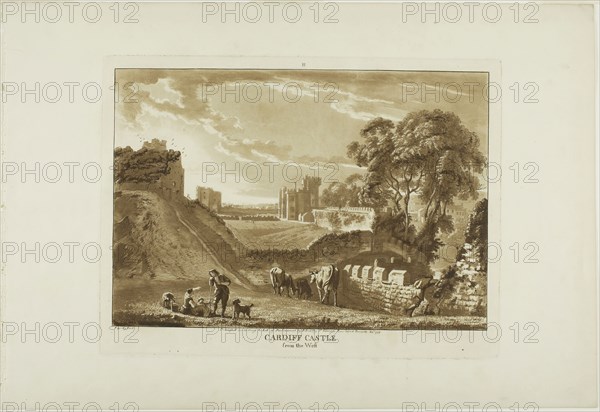 Cardiff Castle from the West, 1776, Paul Sandby, English, 1731-1809, England, Aquatint, with etching, in brown on cream laid paper, 237 × 314 mm (plate), 320 × 463 mm (sheet)