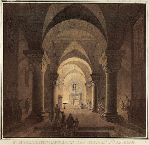 Chapel of Saint Margaret in the City of Nuremberg, from Collection of Memorable Medieval Buildings in Germany, 1819, Domenico Quaglio II, German, 1787-1837, Germany, Lithograph in black with grey-green and pale red-orange tint stones on cream wove paper, 392 x 395 mm (image/text), 475 x 583 mm (sheet)