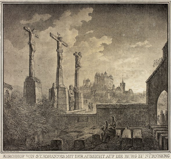 Saint John’s Cemetery with a View of the City of Nuremberg, from Collection of Memorable Medieval Buildings in Germany, 1819, Domenico Quaglio II, German, 1787-1837, Germany, Lithograph in black, with tint stone in light brown, on cream laid paper, 385 x 416 mm (image/text), 486 x 555 mm (sheet)