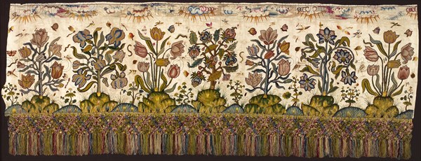 Valance, 1620/60s, England, Silk, warp-float faced 7:1 satin weave, appliquéd with hemp and linen, plain weaves, embroidered with silk and silk chenille in satin and tent stitches, laid work and couching raised work over cotton padding, and embroidered with silk and feathers in running, satin, single satin, and stem stitches, laid work and couching, edged with silk, plied cords and cotton, plain weave, lined with linen, plain weave, 84.3 × 222.5 cm (33 1/8 × 87 5/8 in.)