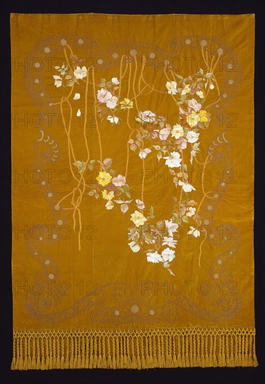 Portière, 1880/1900, Designed by Anna G. Lyman (American, active 1880/1900), Executed by Associated Artists, 1833–1907, United States, Illinois, Chicago, Chicago, Silk, warp-float faced twill weave with supplementary pile warps forming cut solid velvet, embroidered with gilt paper and gold-leafed-paper-strip-wrapped cotton and silk in satin and stem stitches, laid work, couching and French knots, fringe of gilt-paper-strip-wrapped cotton and silk, wrapped and braided, lined with silk, weft-float faced satin weave self-patterned by areas of plain weave, 227 × 147.3 cm (85 1/2 × 58 in.)