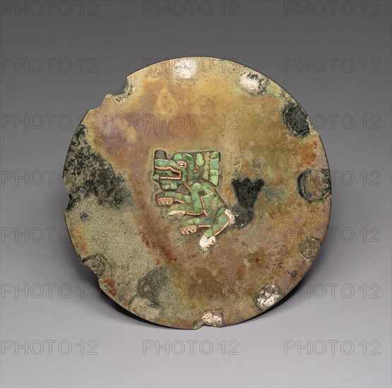 Mirror with Jaguar or Coyote Mosaic, A.D. 500/600, Teotihuacan, Teotihuacan, Mexico, México, Iron pyrite, jade, shell, magnatite or ilmenite, and spondylus shell, Diam. 19.1 cm (7 1/2 in.)