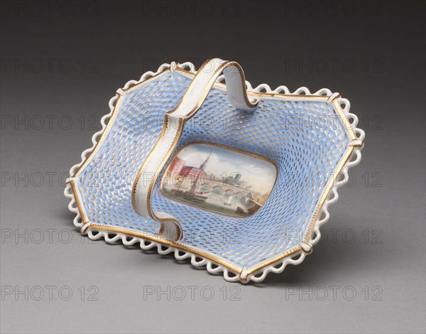 Dessert Basket with view of Worcester, 1840/50, Chamberlain and Company, Worcester, England, 1840-1852, Worcester, Soft-paste porcelain with polychrome enamels, 10.8 x 14 x 20 cm (4 1/4 x 5 1/2 x 7 7/8 in.)