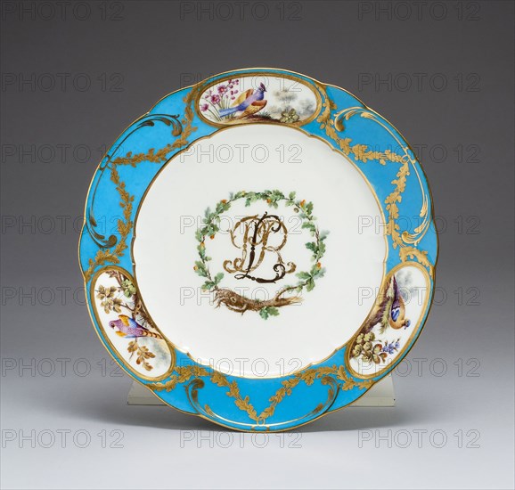Plate, 1771/72, Sèvres Porcelain Manufactory, French, founded 1740, Sèvres, Soft-paste porcelain, turquoise blue ground, polychrome enamels, and gilding, Diam. 24 cm (9 3/4 in.)