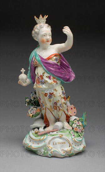 Allegorical Figure of Europe, 1770/80, Derby Porcelain Manufactory, England, 1750-1848, Derby, Soft-paste porcelain with polychrome enamels and gilding, H. 25.1 cm (9 7/8 in.), base diam. 12 cm (4 3/4 in.)