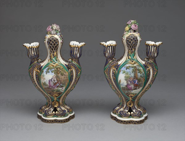 Pair of Vases (Pots Pourris à Bobèches), c. 1759, Sèvres Porcelain Manufactory, French, founded 1740, Designed by Jean-Claude Duplessis, (French, fl. 1745/48-1774, died 1783), Painted by André-Vincent Vieillard (attributed to), (French, 1717-90, active 1752-90), Sèvres, Soft-paste porcelain, polychrome enamels, and gilding, 1994.371.1: H. 24.1 cm (9 1/2 in.)