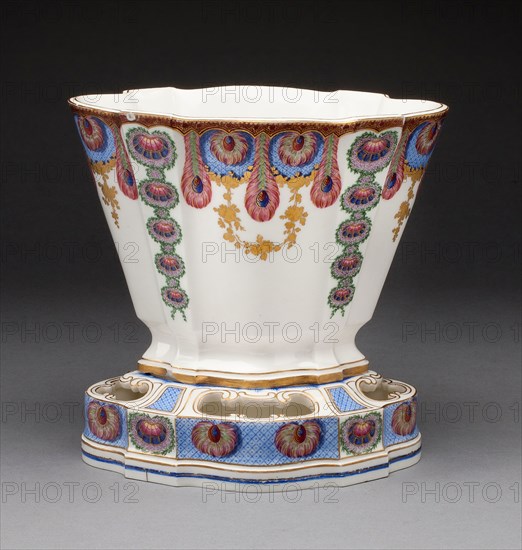 Vase, 1761, Sèvres Porcelain Manufactory, French, founded 1740, Painted by Louis-Jean Thévenet, French, active 1741/45-1777, Sèvres, Soft-paste porcelain, polychrome enamels, and gilding, 19 x 19.6 x 14.4 cm (7 1/2 x 7 11/16 x 5 11/16 in.)
