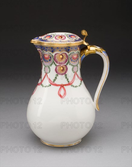 Jug (Pot à l’eau tourné), 1763, Sèvres Porcelain Manufactory, French, founded 1740, Painted by Louis-Jean Thévenet (French, active 1741/45-1777), Sèvres, Soft-paste porcelain, polychrome enamels, gilding, and gilt-metal mounts, 19.4 x 28.6 cm (7 5/8 x 11 1/4 in.)