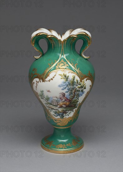 Vase (Vase à oreilles), c. 1756, Sèvres Porcelain Manufactory, French, founded 1740, Designed by Jean-Claude Duplessis (probably), (French, fl. 1745/48-1774, died 1783), Painted by André-Vincent Vielliard (attributed to), (French, 1717-90, active 1752-90), Sèvres, Soft-paste porcelain, green ground, polychrome enamels, and gilding, H. 21.6 cm (8 1/2 in.)