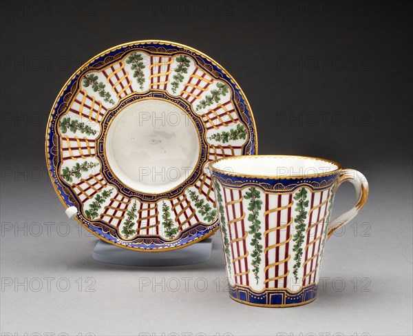 Cup and Saucer, c. 1760, Sèvres Porcelain Manufactory, French, founded 1740, Sèvres, Soft-paste porcelain, polychrome enamels, and gilding, Cup: H. 8.9 cm (3 1/2 in.), Saucer: 4.1 x 15 cm (1 5/8 x 5 15/16 in.)