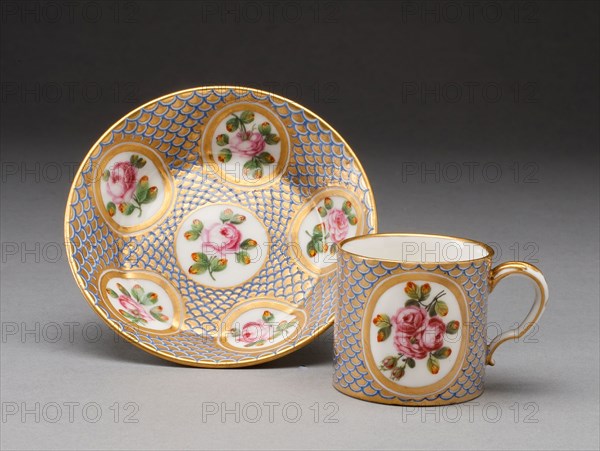 Cup and Saucer, 1777, Sèvres Porcelain Manufactory, French, founded 1740, Painted by Guillaume Noël (French, 1734/5-1804, active 1755-1800), Sèvres, Soft-paste porcelain, polychrome enamels, and gilding, Cup: H. 4.5 cm (1 3/4 in.), Saucer diam. 10.6 cm (4 3/16 in.)