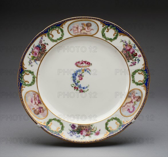 Plate from the Charlotte Louise Service, 1774, Sèvres Porcelain Manufactory, French, founded 1740, Painted by Joyau and Massy, Sèvres, Soft-paste porcelain, polychrome enamels, and gilding, Diam. 24.5 cm (9 5/8 in.)