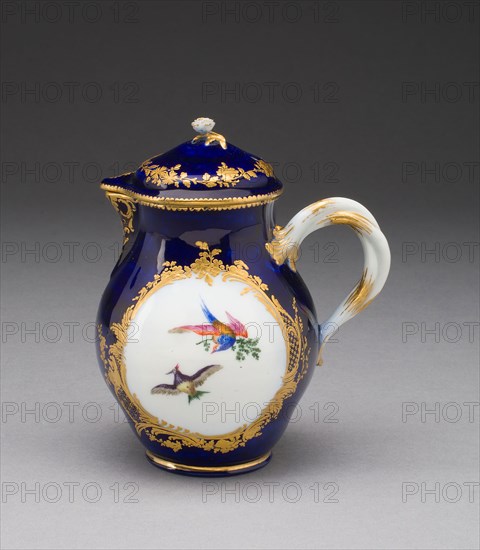 Milk Jug (Pot à lait Hébert), 1755, Vincennes Porcelain Manufactory, French, founded 1740 (known as Sèvres from 1756), Vincennes, Soft-paste porcelain, underglaze blue ground, polychrome enamels, and gilding, H. 13.2 cm (5 3/16 in.)