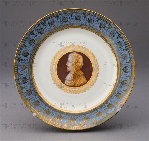 Plate, 1834, Sèvres Porcelain Manufactory, French, founded 1740, Sèvres, Soft-paste porcelain, polychrome enamels, and gilding, H. 3.2 cm (1 1/4 in.), diam. 23.2 cm (9 1/8 in.)