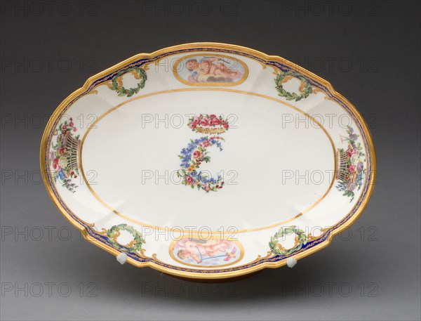 Dish from the Charlotte Louise Service, c. 1774, Sèvres Porcelain Manufactory, French, founded 1740, Painted by Charles Buteux (French, active 1756-1782), Sèvres, Soft-paste porcelain, polychrome enamels, and gilding, 19.1 x 27.5 cm (7 1/2 x 10 13/16 in.)