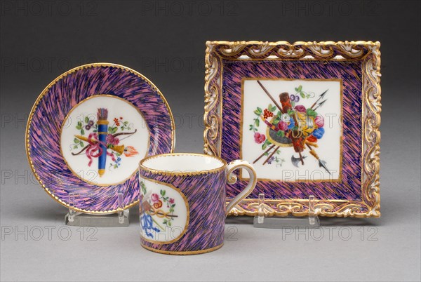 Coffee Cup, Saucer, and Tray, 1761, Sèvres Porcelain Manufactory, French, founded 1740, Sèvres, Soft-paste porcelain, pink and blue ground, polychrome enamels, and gilding, Cup: 4.8 x 7 x 5.1 cm (1 7/8 x 2 3/4 x 2 in.), Saucer: 2.2 x 9.4 cm (7/8 x 3 11/16 in.), Tray: 2.2 x 10.8 x 10.8 cm (7/8 x 4 1/4 x 4 1/4 in.)