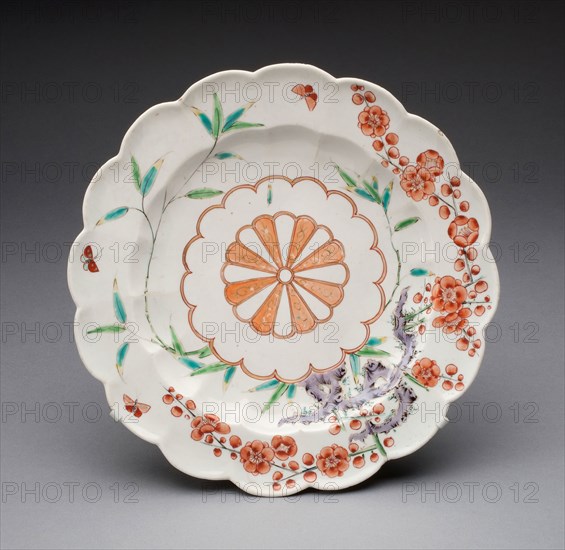 Plate, c. 1755, Chelsea Porcelain Manufactory, London, England, c. 1745-1784, Chelsea, Soft-paste porcelain, polychrome enamels, H. 2.9 cm (1 1/8 in.), diam. 24.8 cm (9 3/4 in.)