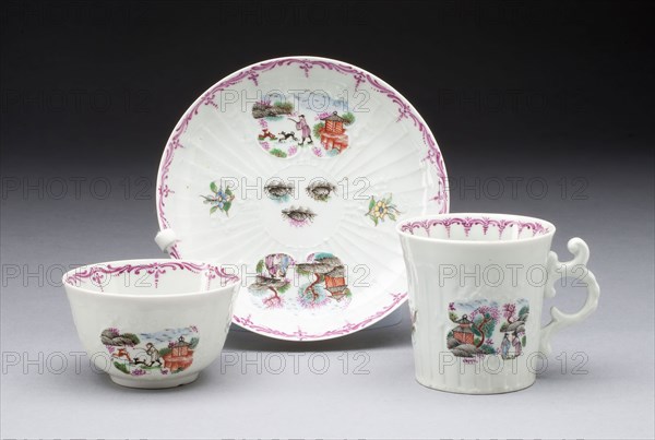 Tea Bowl, Coffee Cup, and Saucer, c. 1760, Worcester Porcelain Factory, Worcester, England, founded 1751, Worcester, Soft-paste porcelain, polychrome enamels, Coffee cup: H. 5.9 cm (2 1/4 in.), diam. 6 cm (2 1/3 in.), Tea bowl: H. 3.9 cm (1 1/2 in.), diam. 6.8 cm (2 2/3 in.), Saucer diam. 11.8 cm (4 2/3 in.)