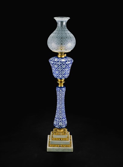 Double-Plated Lamp, c. 1865, Boston and Sandwich Glass Company, American, 1825–1888, Sandwich, Massachusetts, Sandwich, Cobalt blue, opaque white, and clear glass, gilt bronze, and marble, H.: 97.8 cm (38 1/2 in.) to top of shade