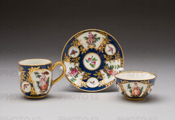 Tea Bowl, Coffee Cup, and Saucer, c. 1765, Worcester Porcelain Factory, Worcester, England, founded 1751, Worcester, Soft-paste porcelain with polychrome enamels and gilding, Tea bowl: diam. 4.2 cm (1 5/8 in.), Cup: H. 6.3 cm (2 1/2 in.), Saucer: diam. 11.6 cm (4 9/16 in.)