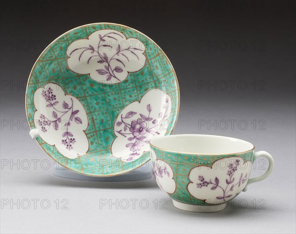 Cup and Saucer, c. 1770, Worcester Porcelain Factory, Worcester, England, founded 1751, Worcester, Soft-paste porcelain with polychrome enamels and gilding, Cup: H. 5.7 cm (2 1/4 in.), diam. 8.1 cm (3 1/6 in.), Saucer: diam. 13.1 cm (5 1/6 in.)