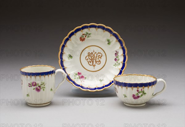 Teacup, Coffee Cup, and Saucer, 1775/80, Worcester Porcelain Factory, Worcester, England, founded 1751, Worcester, Soft-paste porcelain with polychrome enamels and gilding, Teacup H: 5.1 cm (2 in.), Coffee cup: H. 6.7 cm (2 2/3 in.), Saucer: diam. 13.9 cm (5 1/2 in.)