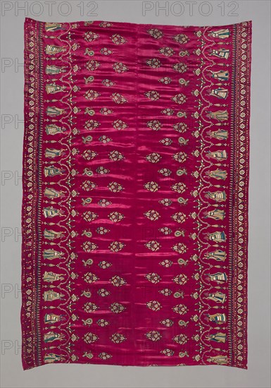Two Panels (Joined), 19th century, India, India, Silk, satin weave, embroidered with silk in chain and closed feather stitches, 183.8 x 118.2 cm (72 3/8 x 46 1/2 in.)