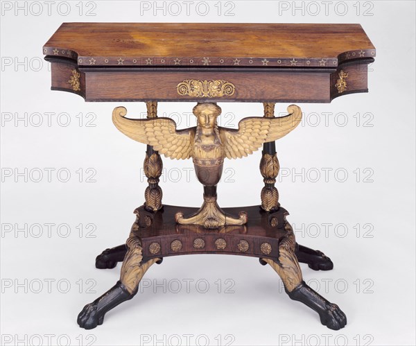 Card Table, c. 1815, Charles-Honoré Lannuier, American, born France, 1779–1819, New York, Mahogany with rosewood veneer, giltwood, brass and ebony inlay, ormolu, 74.9 × 91.1 × 45.1 cm (29 1/8 × 35 7/8 × 17 3/4 in.)