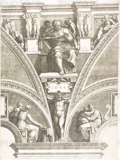 The Prophet Joel, c. 1570, Giorgio Ghisi (Italian, 1520-1582), after Michelangelo Buonarroti (Italian, 1475-1564), Italy, Engraving on ivory laid paper, 569 x 429 mm (plate), 569 x 440 mm (sheet)