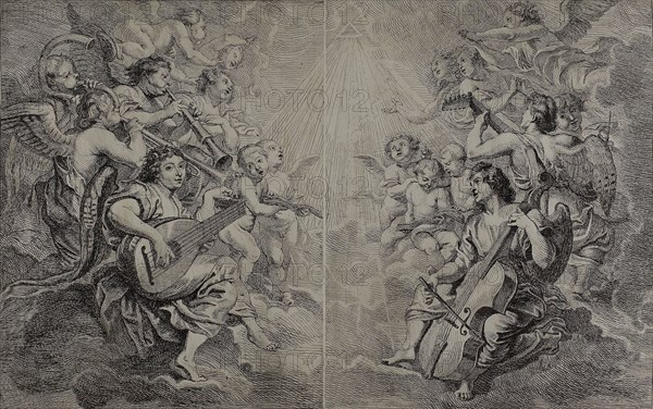Angels Making Music, c. 1650, Cornelis Schut, I (Flemish, 1597-1655), after Peter Paul Rubens (Flemish, 1577-1640), Flanders, Etching from two plates in black on ivory laid paper, 350 × 510 mm