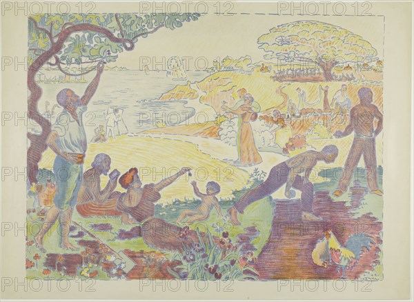 In Times of Harmony, 1895–96, Paul Signac (French, 1863-1935), printed by Tailliardat, France, Color Lithograph in green, blue, yellow, red, and peach with scraping on plate, from a zinc plate on buff wove paper, 377 × 502 mm (image), 419 × 580 mm (sheet)