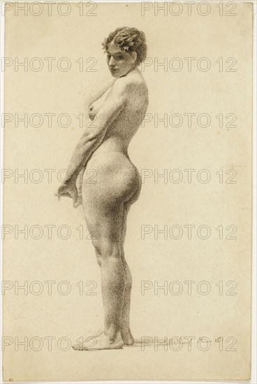 Standing Female Nude, 1881, Marie Mathieu, French, 19th century, France, Pen and brown ink on cream wove paper, 180 × 119 mm
