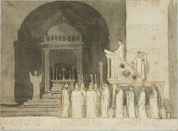Altar of the Heavens, n.d., Dominique Papety, French, 1815-1849, France, Brush and brown ink and wash, heightened with watercolor, on ivory laid paper, 120 × 163 mm