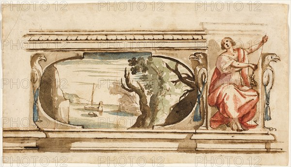 Study for a Painted Frieze, 1625/27, Flaminio Allegrini, Italian, c. 1587-c. 1663, Italy, Pen and brown and gray ink, with brush and brown wash and red chalk wash, with traces of lead white (partially discolored), on tan laid paper, laid down on cream laid card, 145 x 256 mm