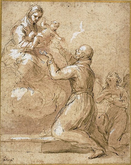 Virgin and Child Appearing to Saint Cajetan of Thiene, 1681/82, Domenico Maria Canuti, Italian, 1626-1684, Italy, Pen and brown and gray ink, with brush and brown wash and red chalk wash, heightened with lead white (partially oxidized), on tan laid paper, laid down on cream laid card, 195 x 155 mm