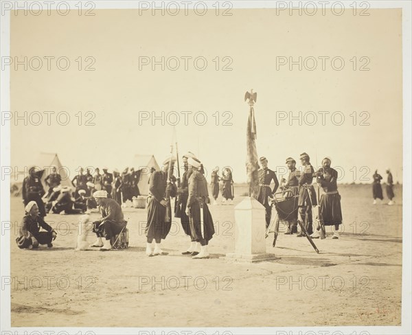 The Raised Flag of the Zouave Regiment, Camp de Châlons, 1857, Gustave Le Gray, French, 1820–1884, France, Albumen print, from the album "Souvenirs du Camp de Châlons