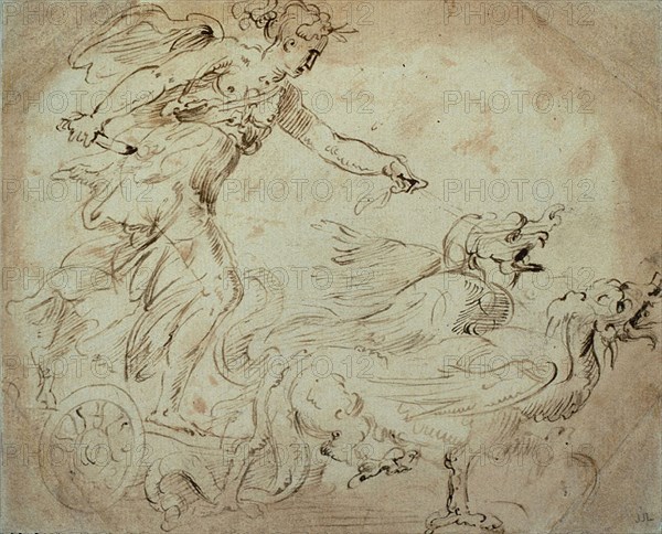 Study for Ceres, c. 1556, after Giorgio Vasari, Italian, 1511-1574, Italy, Pen and brown ink and brush and brown wash, with traces of black chalk and red chalk wash, on ivory laid paper, laid down on ivory laid paper, 154 x 189 mm
