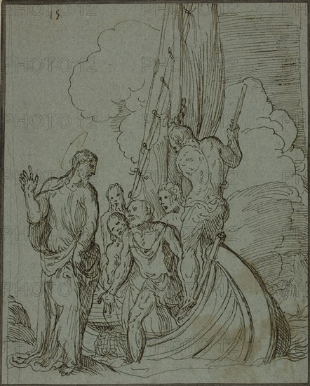 Christ Walking on the Water, Peter Following, c. 1550, Domenico Campagnola, Italian, c. 1500-1564, Italy, Pen and black ink on blue laid paper, laid down on cream laid card, laid down in album, 218 x 176 mm
