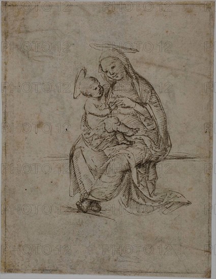 Virgin and Child (recto), Putti (verso), n.d., Florentine or Vicentine, Early 16th century, Italy, Pen and brown ink (recto and verso) on ivory laid paper, formerly laid down on album p. 19, 185 x 144 mm