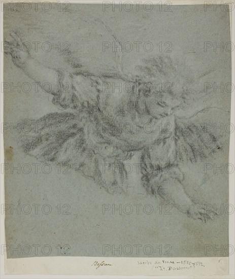 Angel, c. 1575, Jacapo Bassano, Italian, c. 1510-1592, Italy, Black chalk heightened with touches of white chalk, on blue laid paper, laid down on ivory laid paper, 222 x 200 mm (max.)