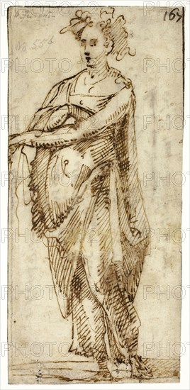 Full-Length Figure of a Woman, n.d., Italian, Sienese, Early/mid-16th Century, Italy, Pen and iron gall ink on ivory laid paper, formerly laid down on album p. 21, 189 x 88 mm